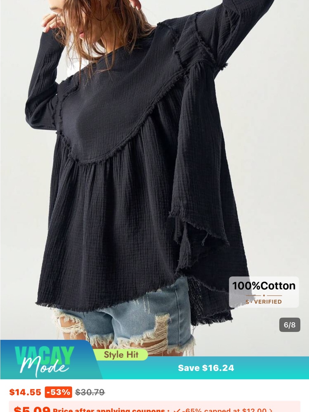 SHEIN Black Frayed Cotton Gauze Tunic Top